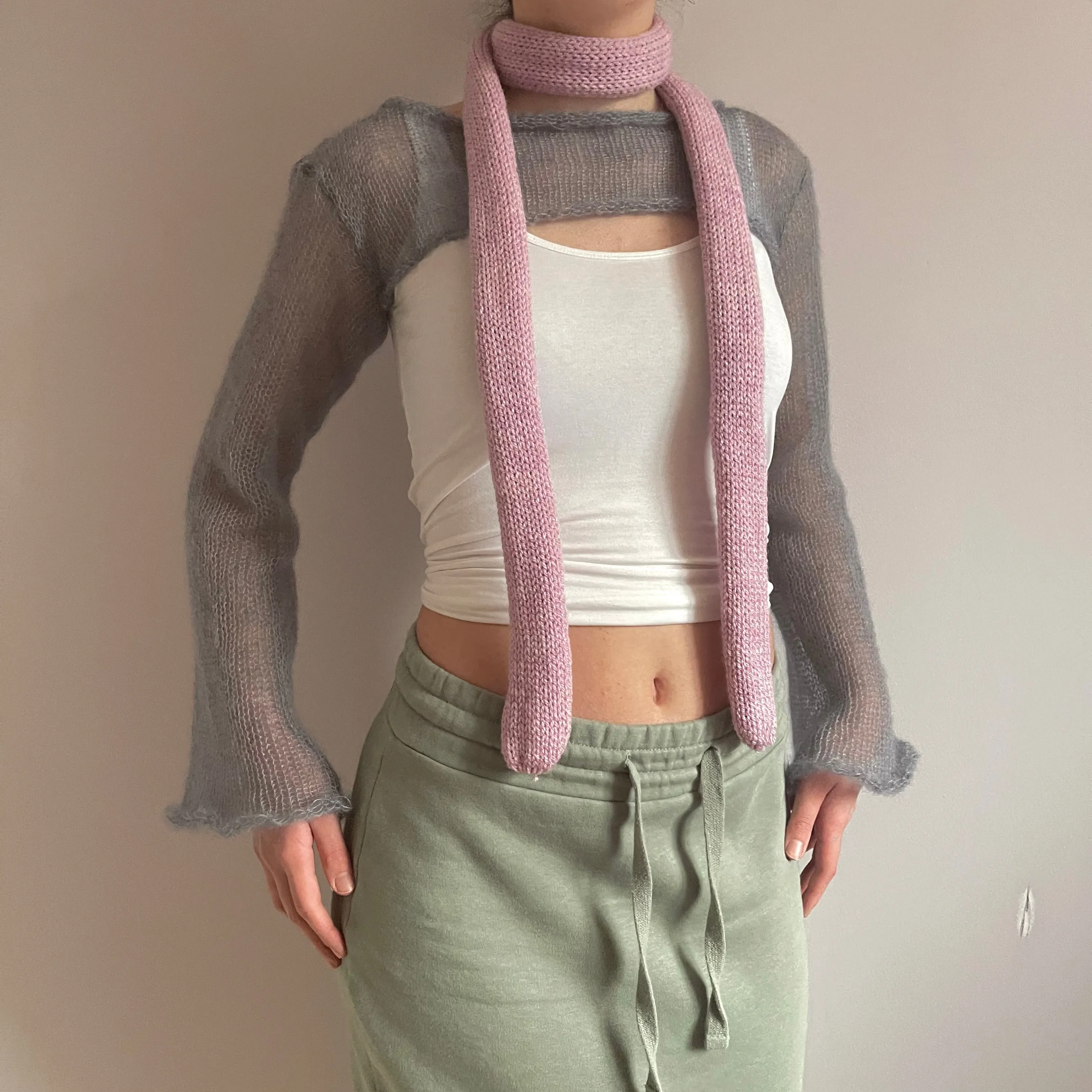 Handmade knitted skinny scarf in dusky pink