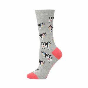 Jezebel Cow Women's Bamboo Crew Socks on Grey