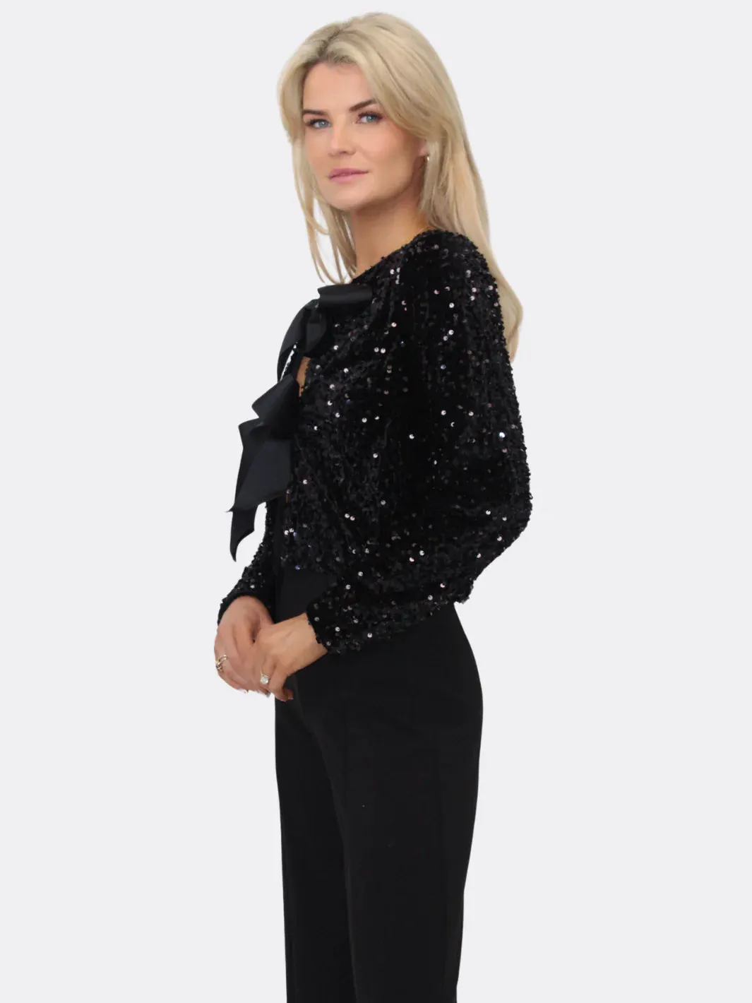 Kate And Pippa Lori Velvet Sequin bow tie top. Black or Blue