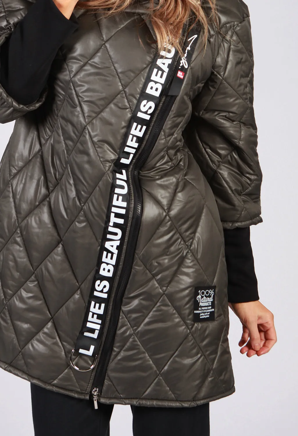 Khaki Quilted Logo Strap Coat