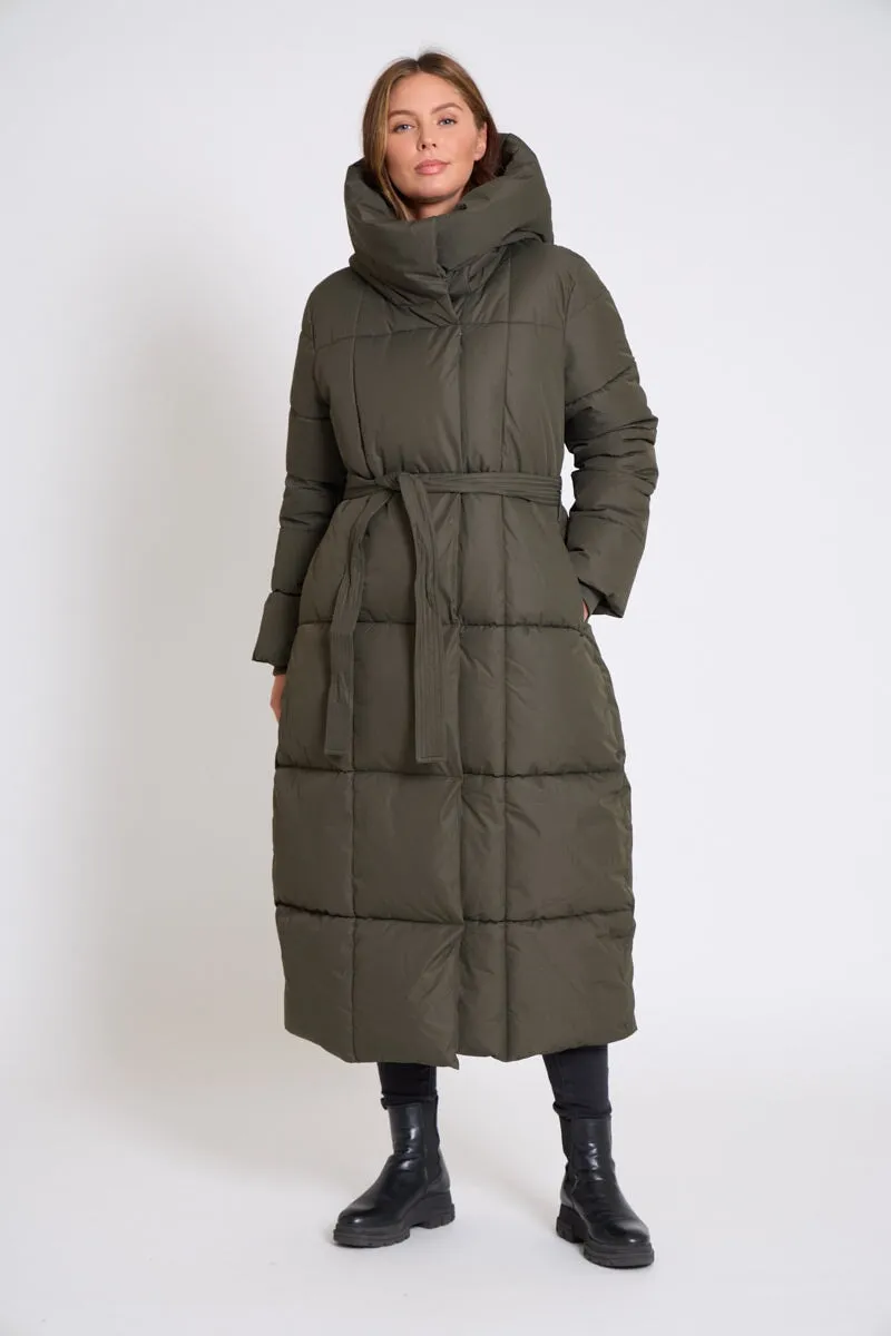 KHAKI QUILTED LONGLINE BELTED HOODED COAT