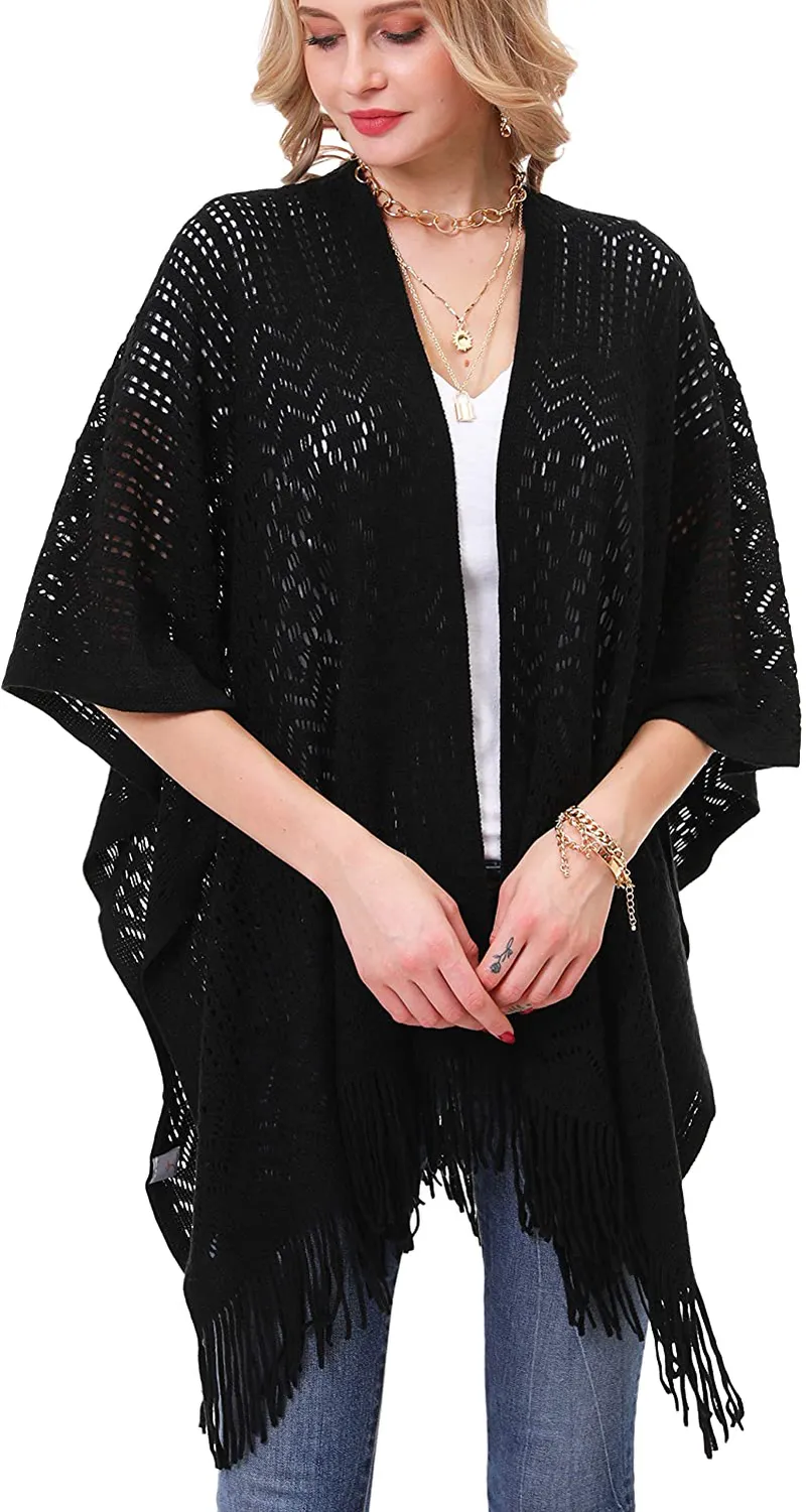 Knit Shawl Wrap for Women - Soul Young Ladies Fringe Knitted Poncho Cardigan Cape