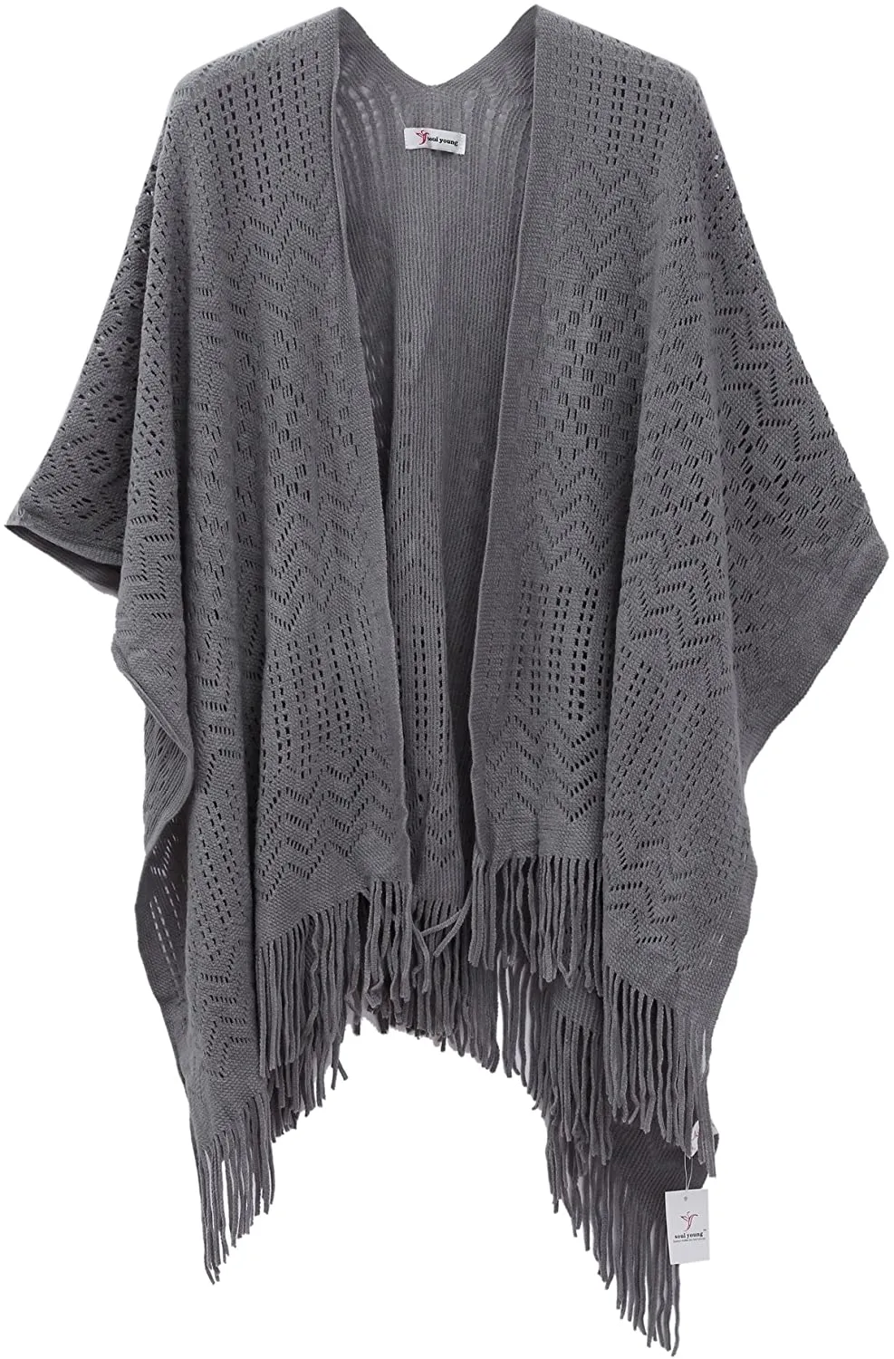 Knit Shawl Wrap for Women - Soul Young Ladies Fringe Knitted Poncho Cardigan Cape