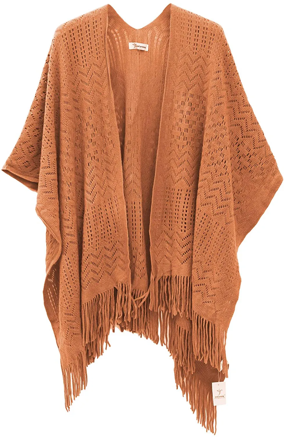 Knit Shawl Wrap for Women - Soul Young Ladies Fringe Knitted Poncho Cardigan Cape