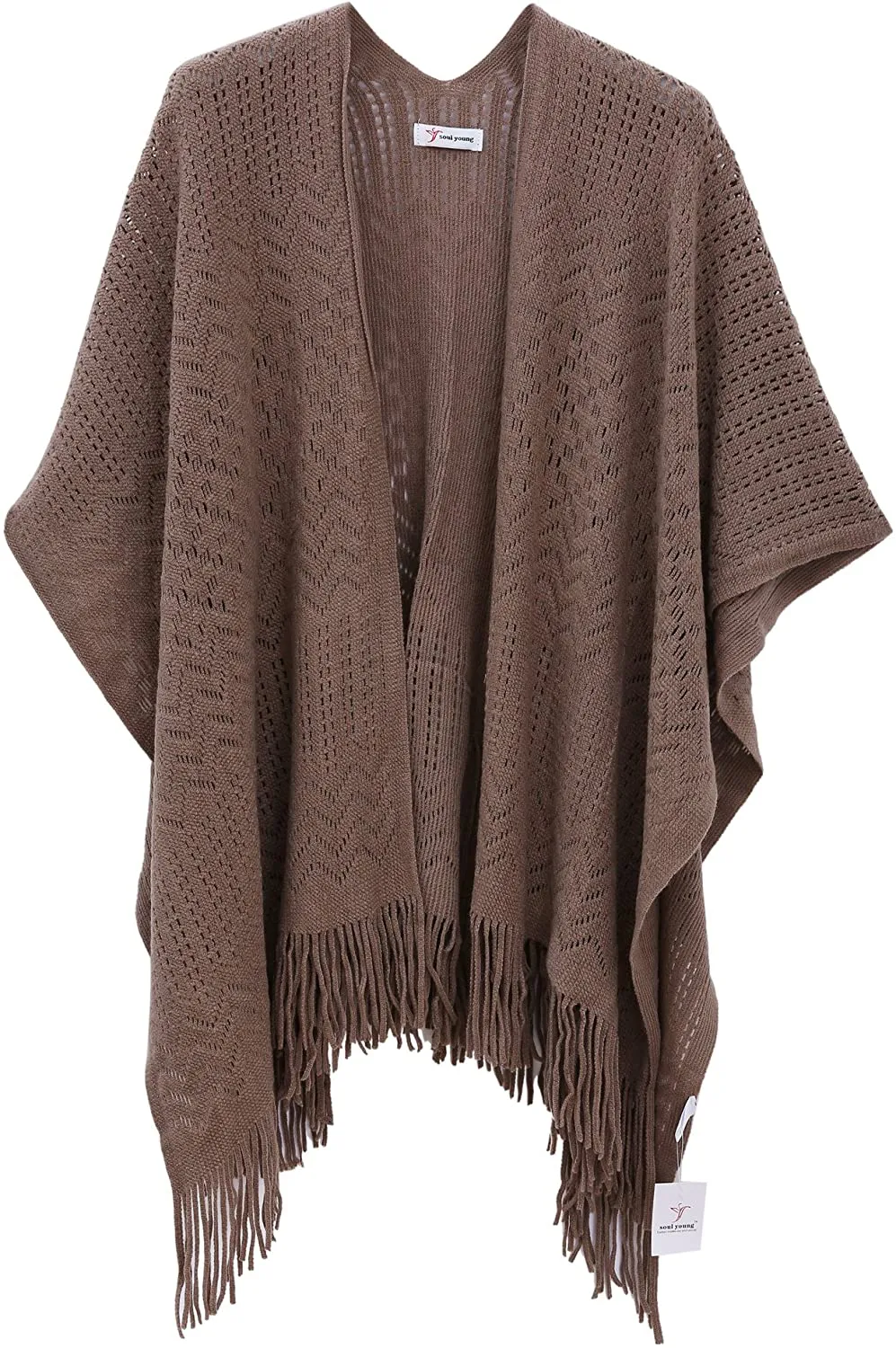 Knit Shawl Wrap for Women - Soul Young Ladies Fringe Knitted Poncho Cardigan Cape