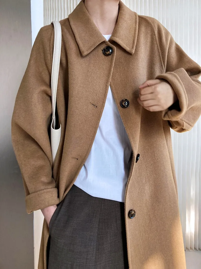 [Korean Style] 2 Color Cashmere Single Breasted A-line Woolen Coat No Lining