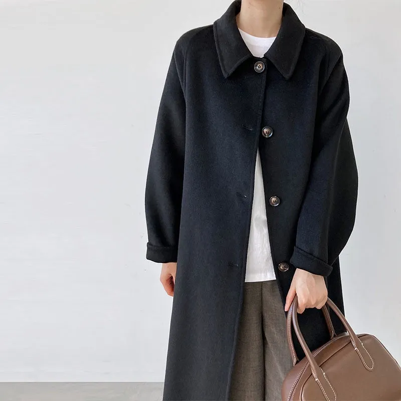 [Korean Style] 2 Color Cashmere Single Breasted A-line Woolen Coat No Lining