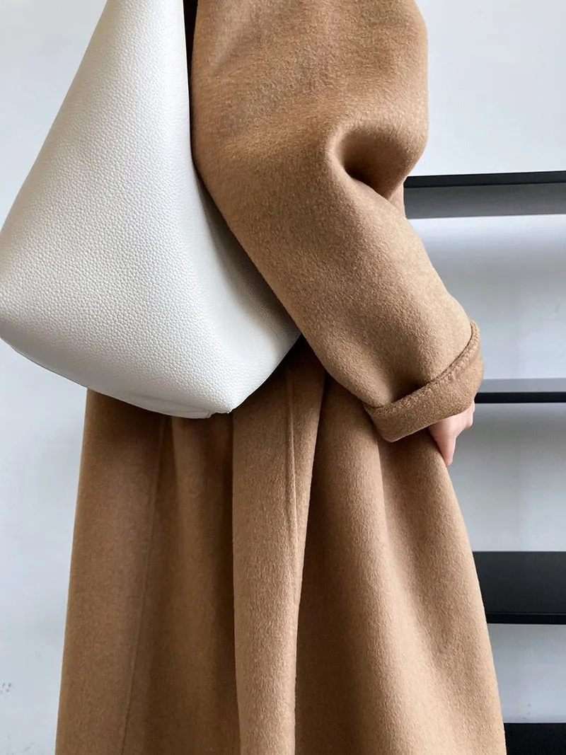 [Korean Style] 2 Color Cashmere Single Breasted A-line Woolen Coat No Lining