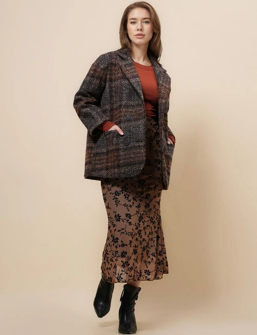 Ladies Vintage Plaid Woolen Daily Overcoat SKT4882