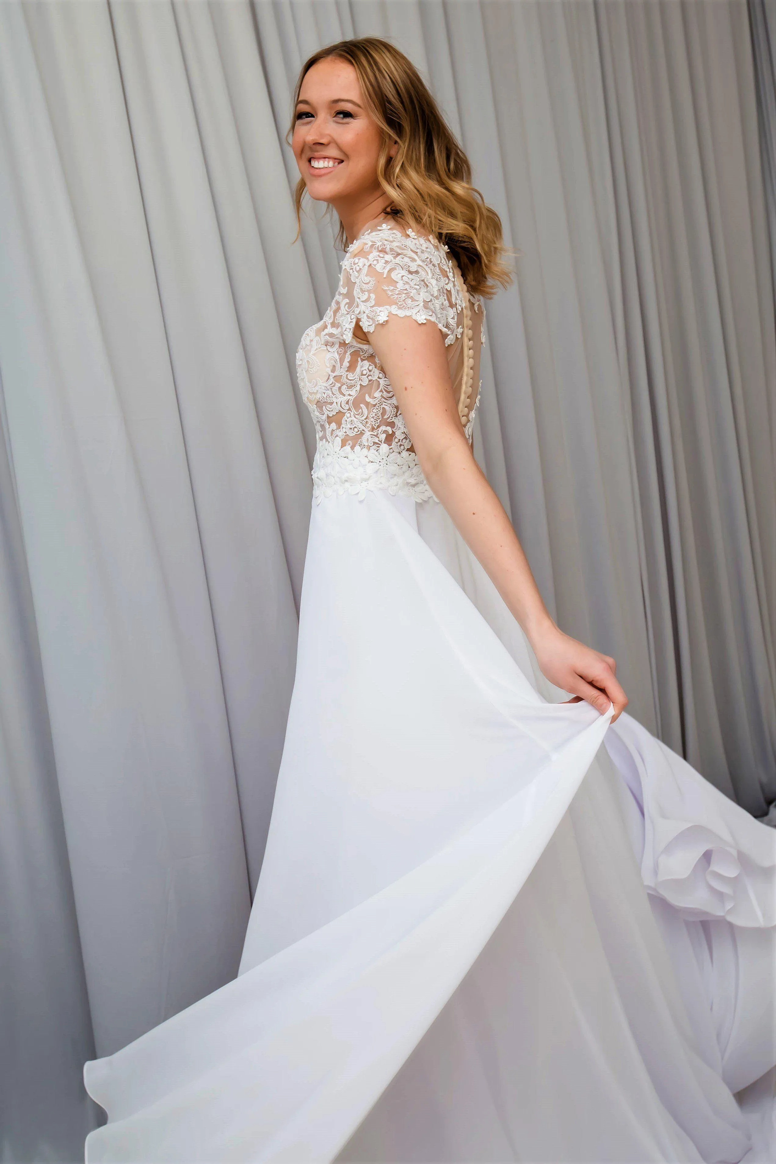 LAVANDA Illusion Bodice White Lace Chiffon Bridal Gown