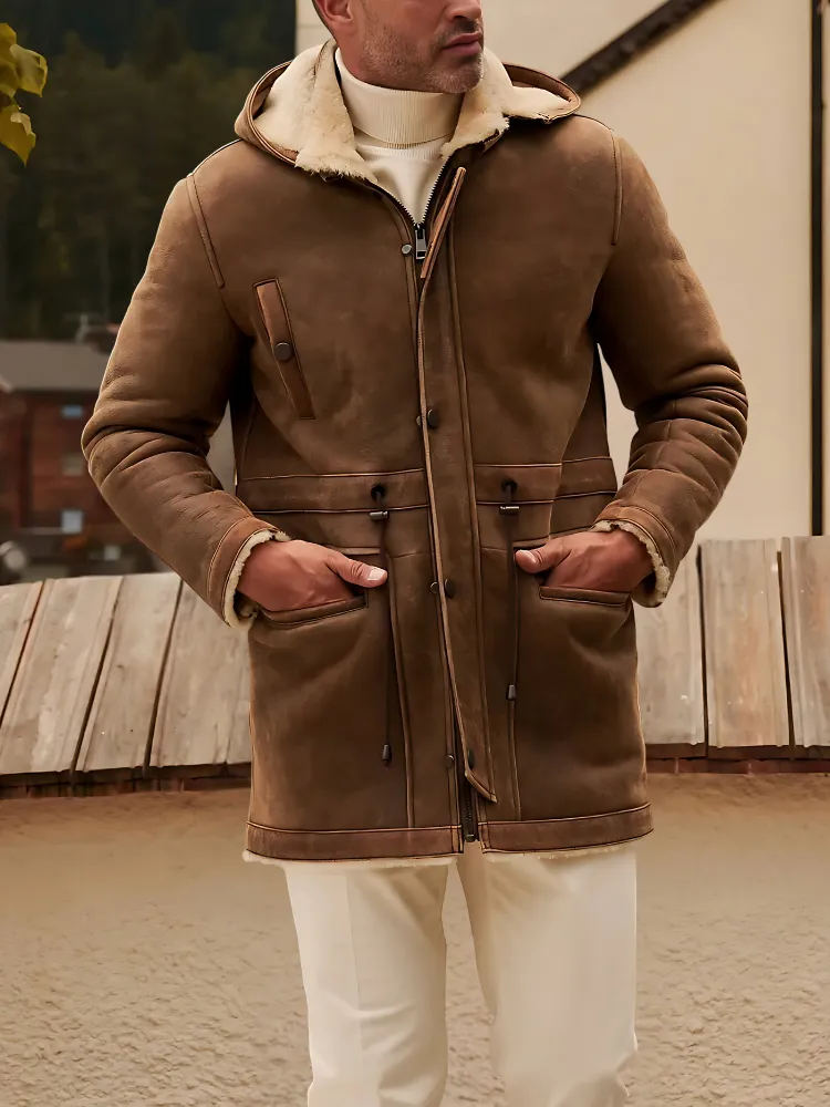 Light Brown Long Motorcycle Jacket with Hood