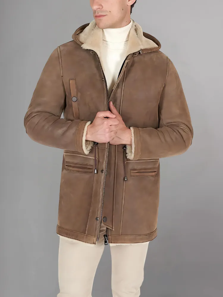 Light Brown Long Motorcycle Jacket with Hood