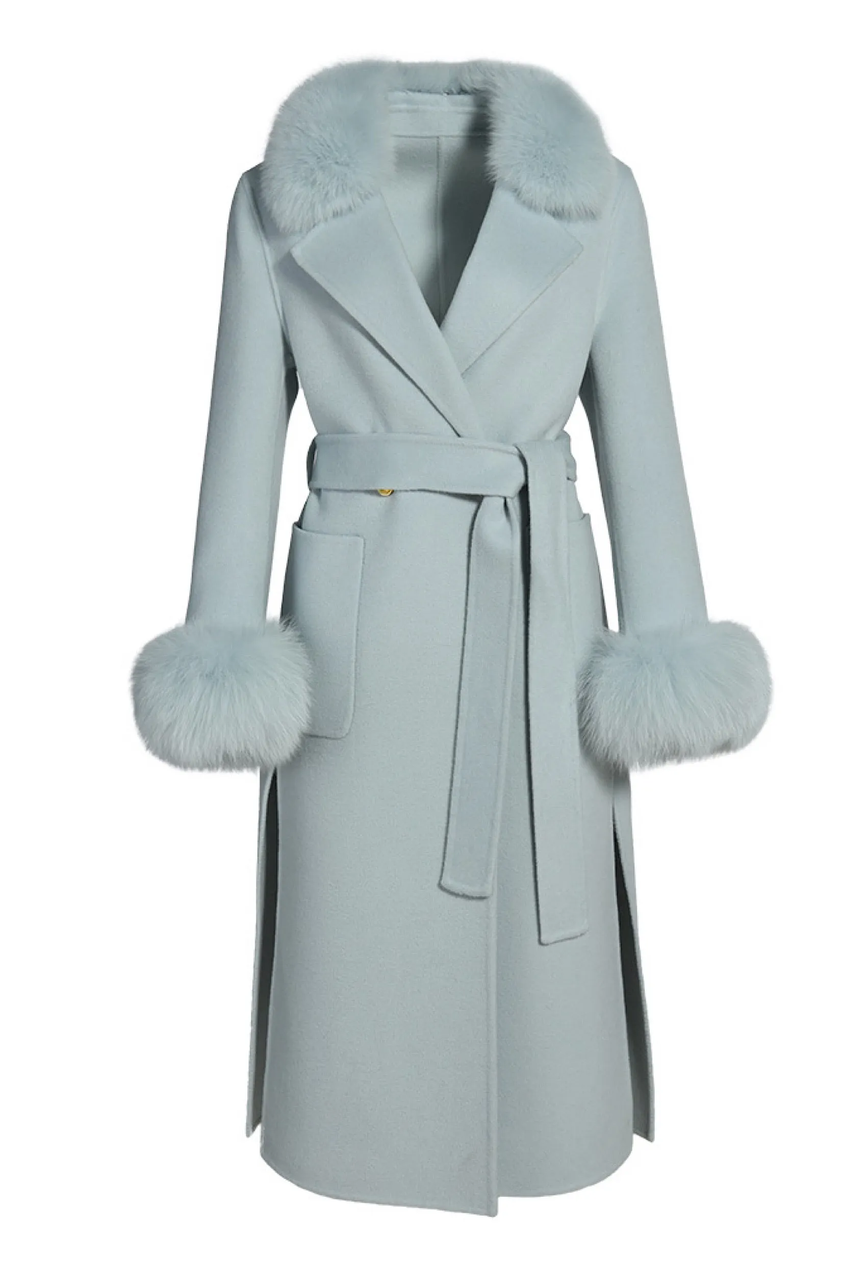 LONDON New Blue Cashmere Coat with Fox Fur