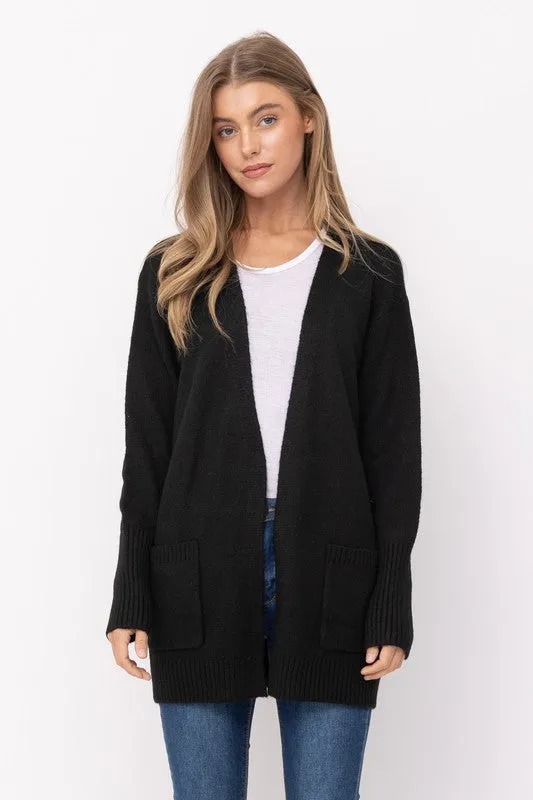 Long Open Front Cardigan in Black