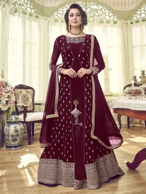 Maroon Overcoat Style Embroidered Anarkali Gown