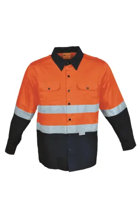 Mens Hi-Viz L/S Cotton Drill Shirt w/Reflective Tape - Orange/Navy