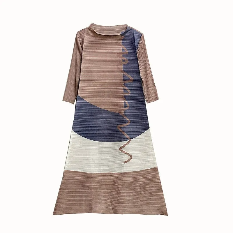 Miyake Pleated Color Block Three Quarter Sleeve Dress