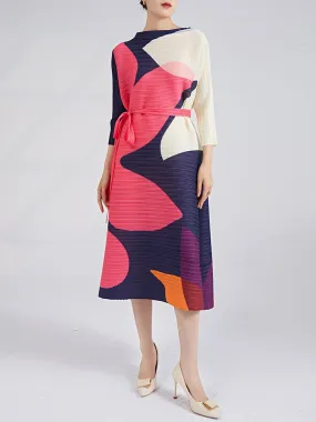 Miyake Pleated Contrast Print Belted Midi Dress