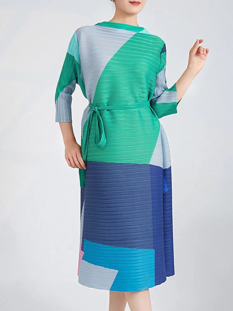 Miyake Pleated Contrast Print Belted Midi Dress