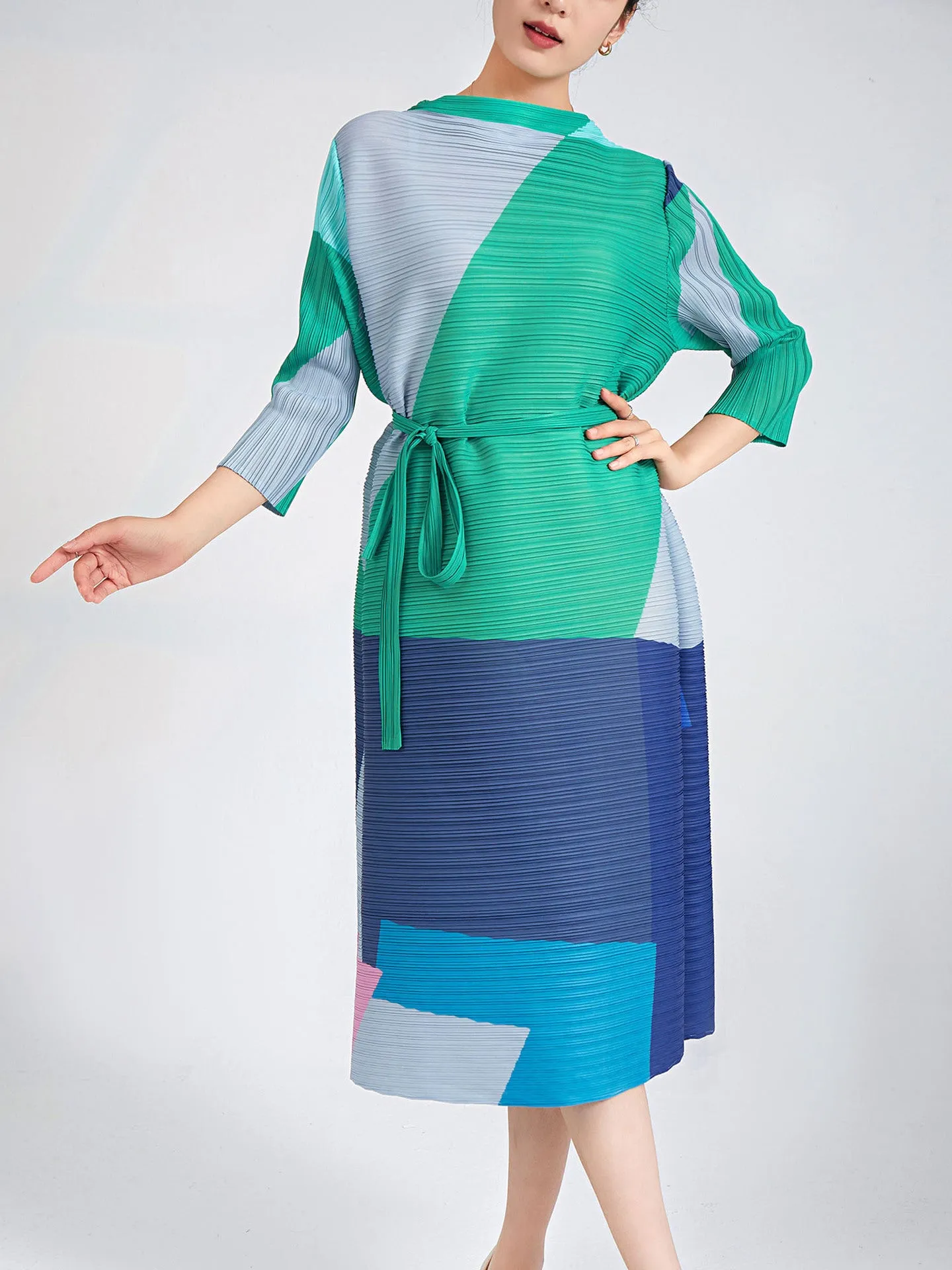 Miyake Pleated Contrast Print Belted Midi Dress