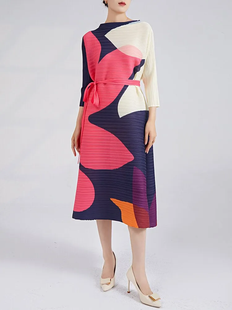 Miyake Pleated Contrast Print Belted Midi Dress