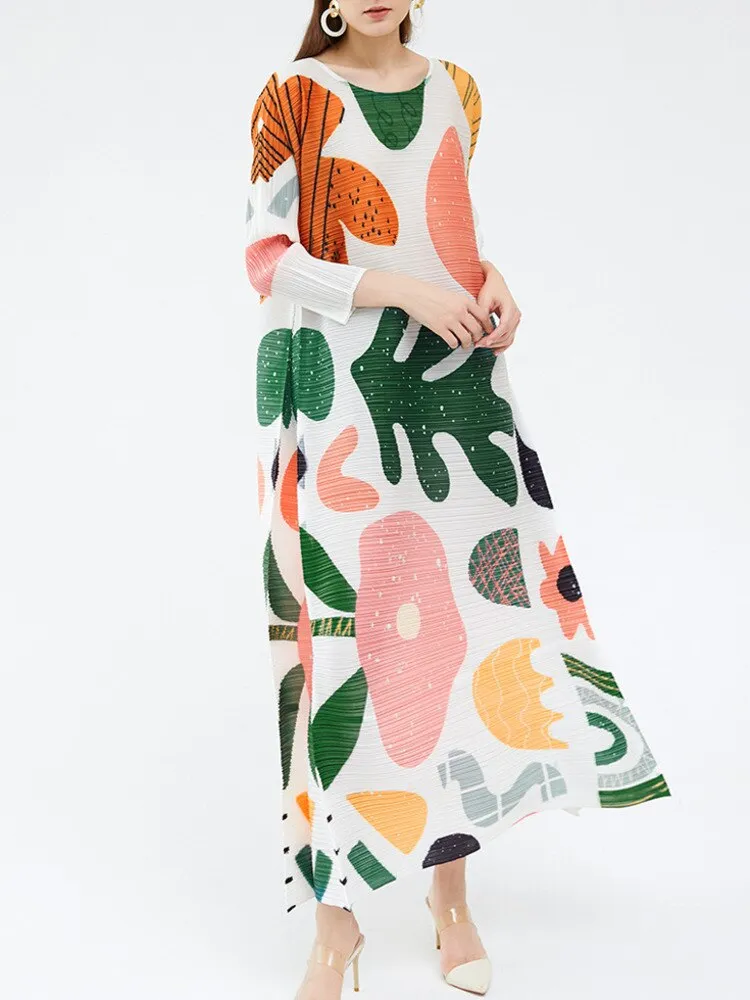 Miyake Pleated Floral Short Sleeve Maxi Dress