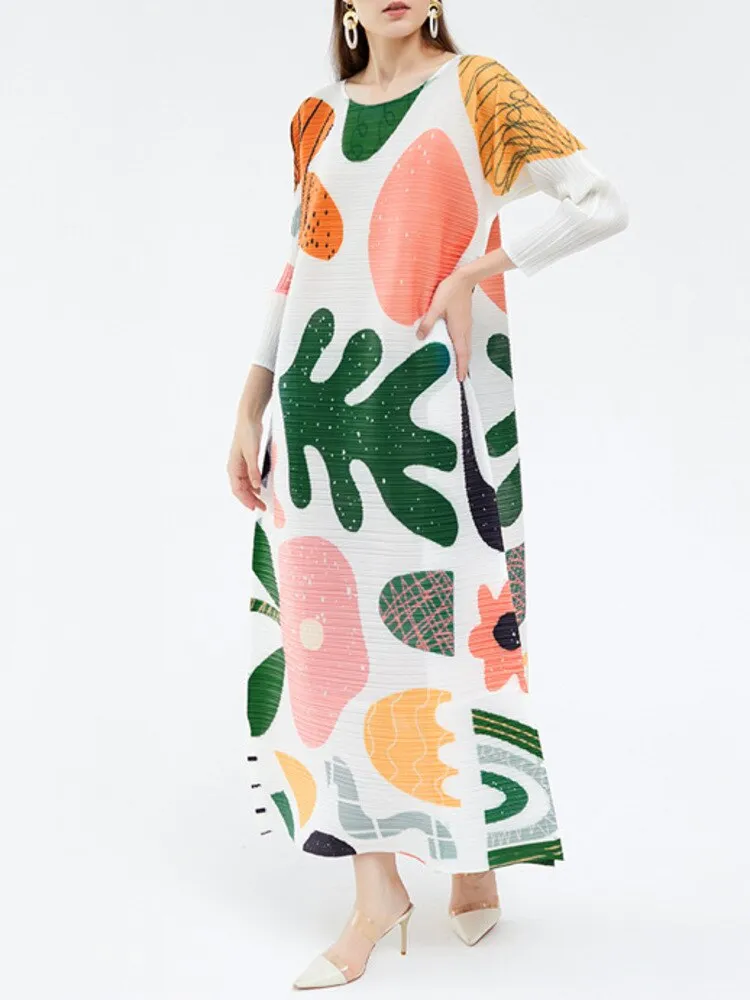 Miyake Pleated Floral Short Sleeve Maxi Dress