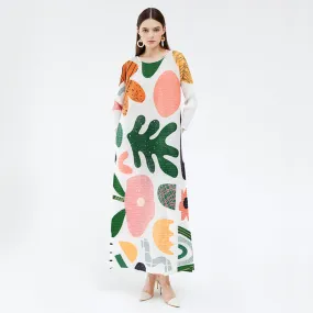 Miyake Pleated Floral Short Sleeve Maxi Dress