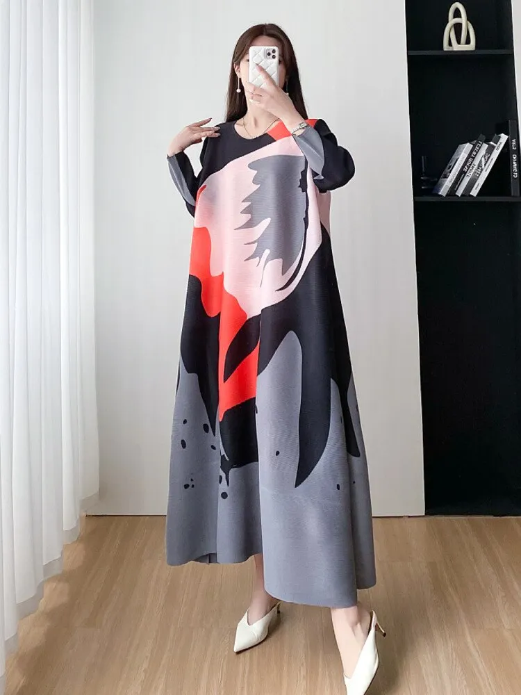 Miyake  Pleated Round Neck A-Line Dress