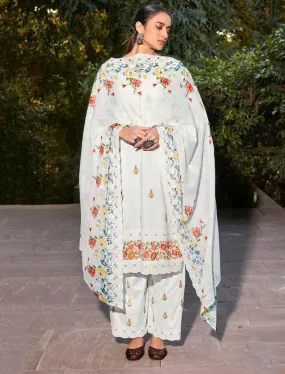 Mumtaz Arts Pure Lawn With Embroidery Unstitched White Suit Material