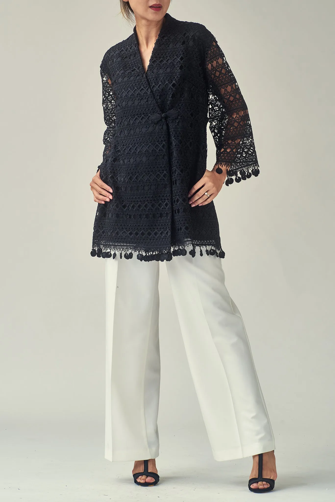 NANCY Aztec Lace Coat (Blk Tassels)