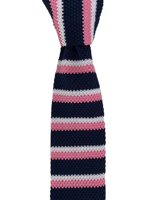 Navy Blue, Pink and White Striped Knit Tie