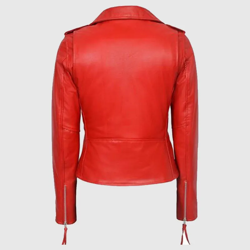 New Stylish Brando Ladies Leather Jacket Red Real Cowhide Leather Biker Style