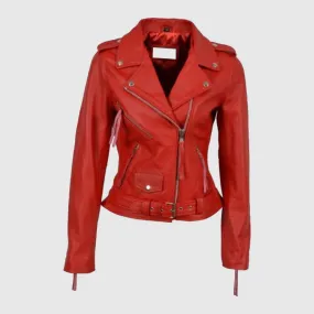 New Stylish Brando Ladies Leather Jacket Red Real Cowhide Leather Biker Style