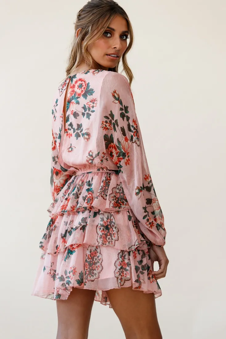 Odessa Long Sleeve Layered Ruffle Dress Floral Print Pink