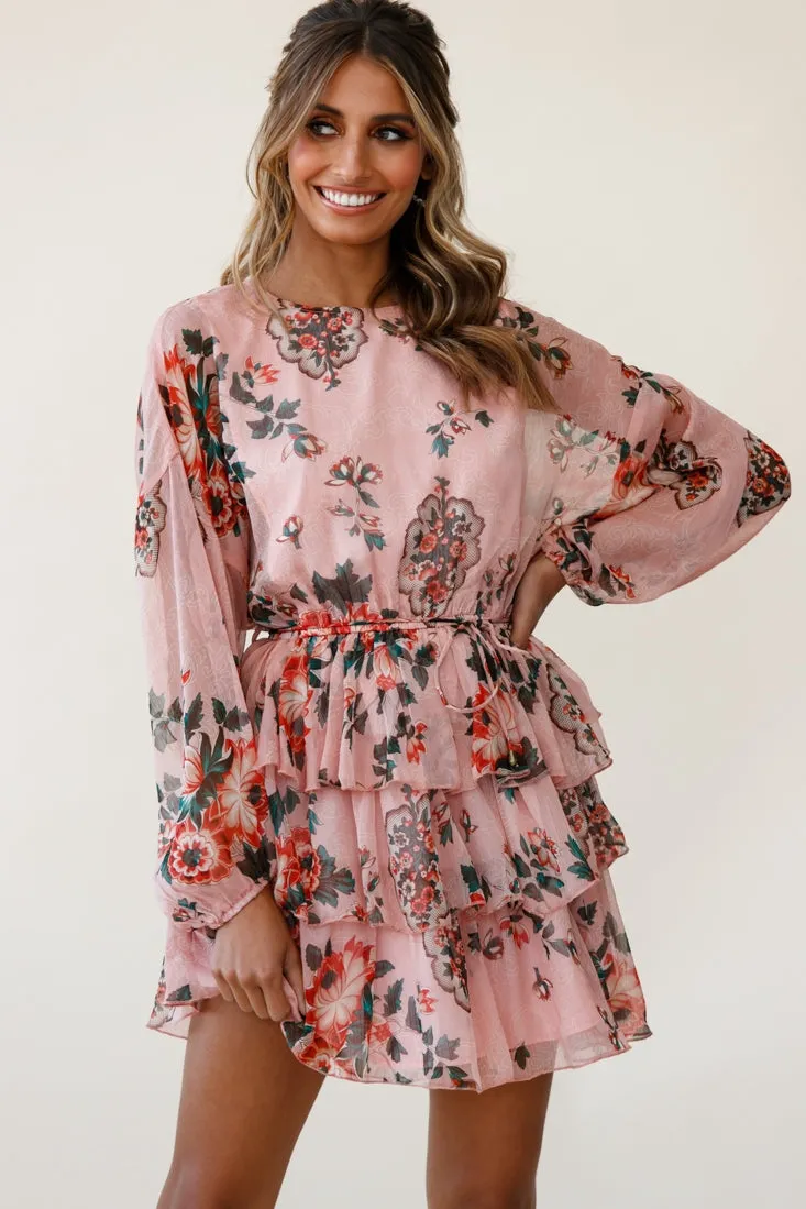 Odessa Long Sleeve Layered Ruffle Dress Floral Print Pink