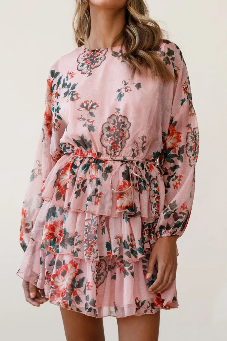 Odessa Long Sleeve Layered Ruffle Dress Floral Print Pink