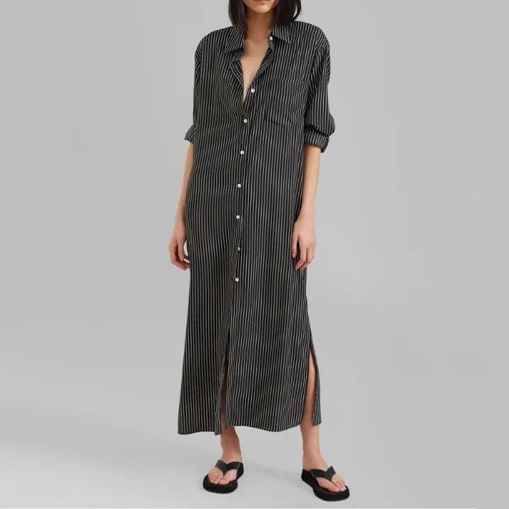 Open Button Collar Shirt Style Long Dress J5889