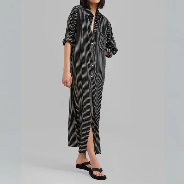 Open Button Collar Shirt Style Long Dress J5889