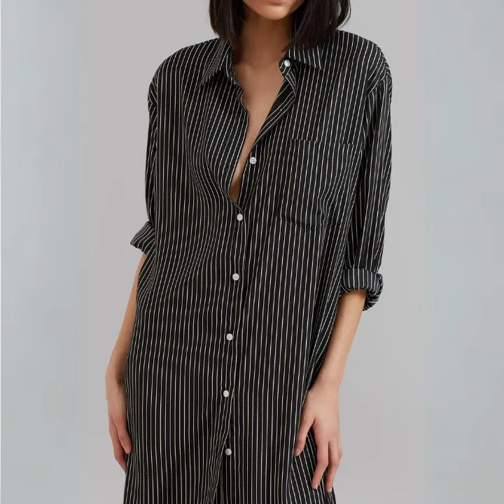 Open Button Collar Shirt Style Long Dress J5889