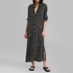 Open Button Collar Shirt Style Long Dress J5889