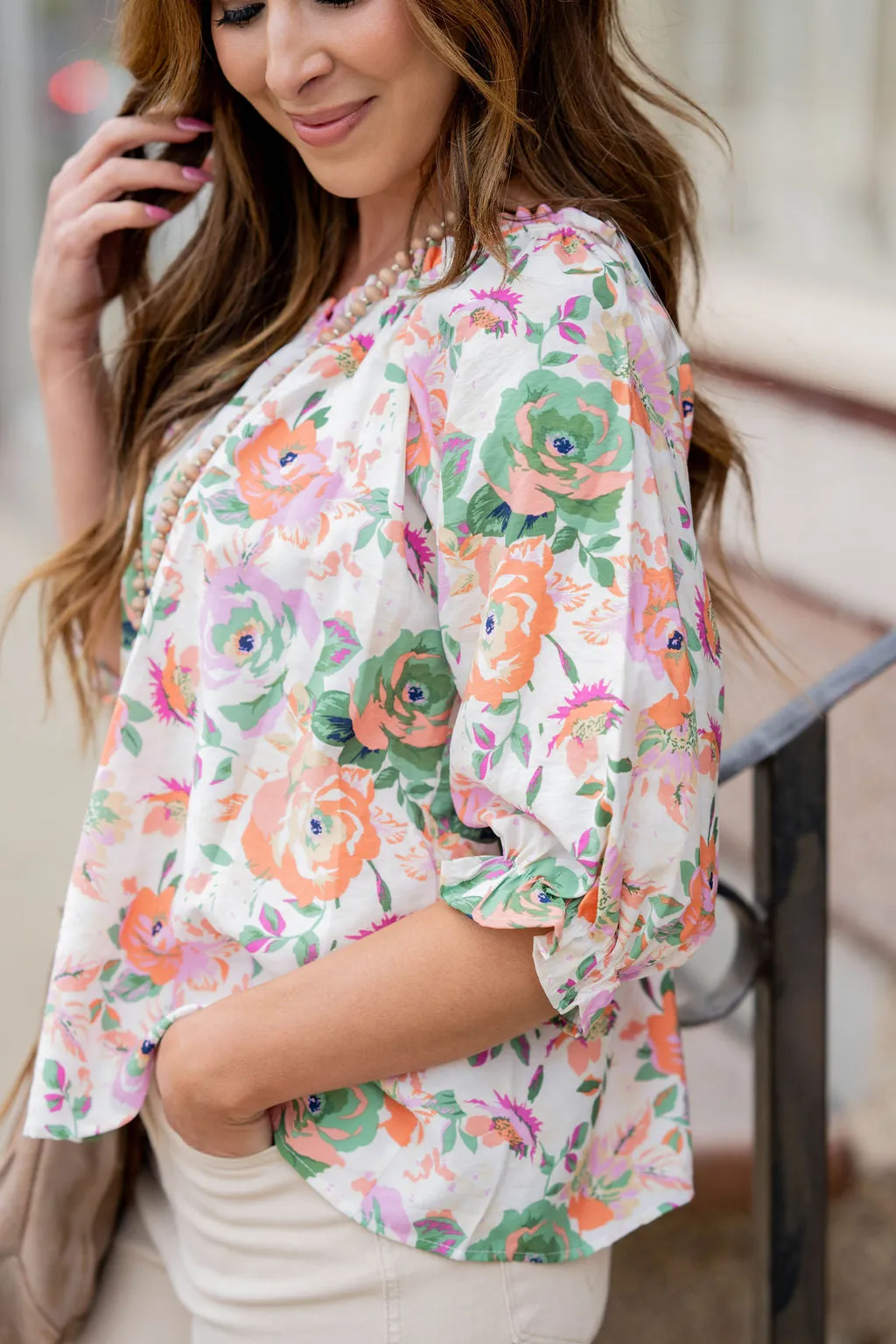 Painted Floral Cinched Trim Blouse