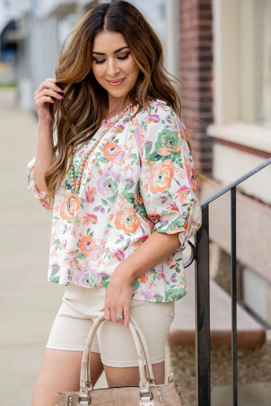 Painted Floral Cinched Trim Blouse