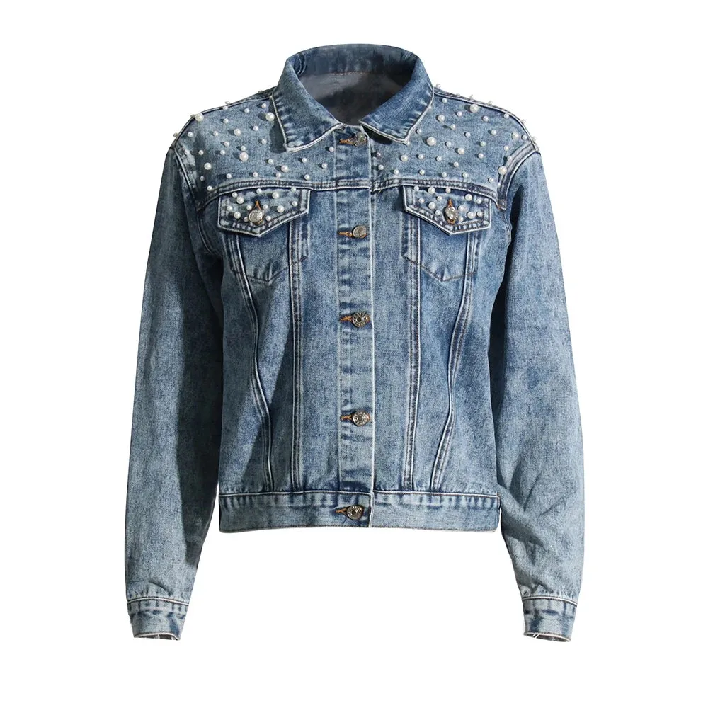 Patchwork Pearls Loose Denim Jackets For Women Lapel Long Sleeve Spliced Single Breasted Casual Jacket Female Style