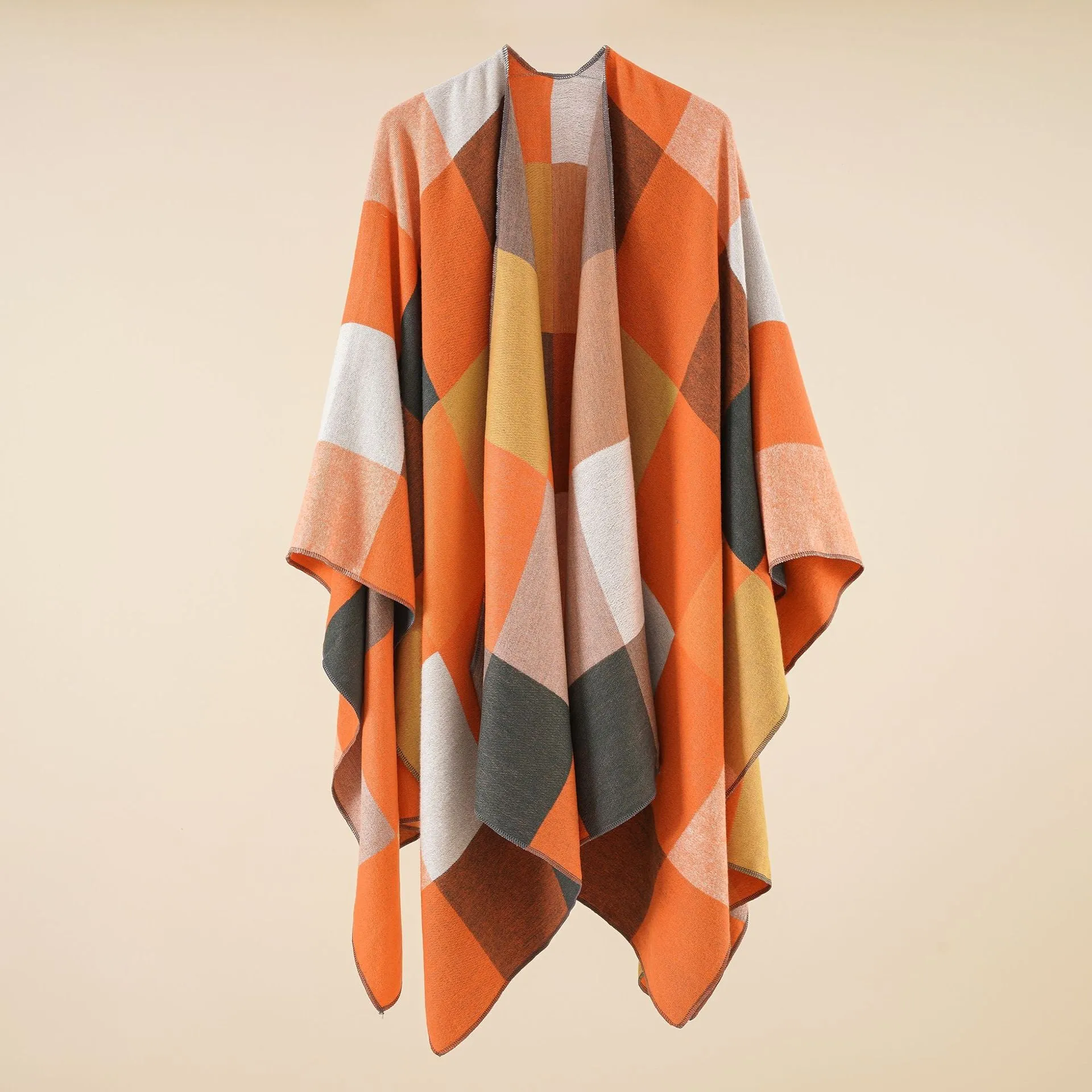 Plaid blanket warm fringed cardigan shawl for autumn and winter