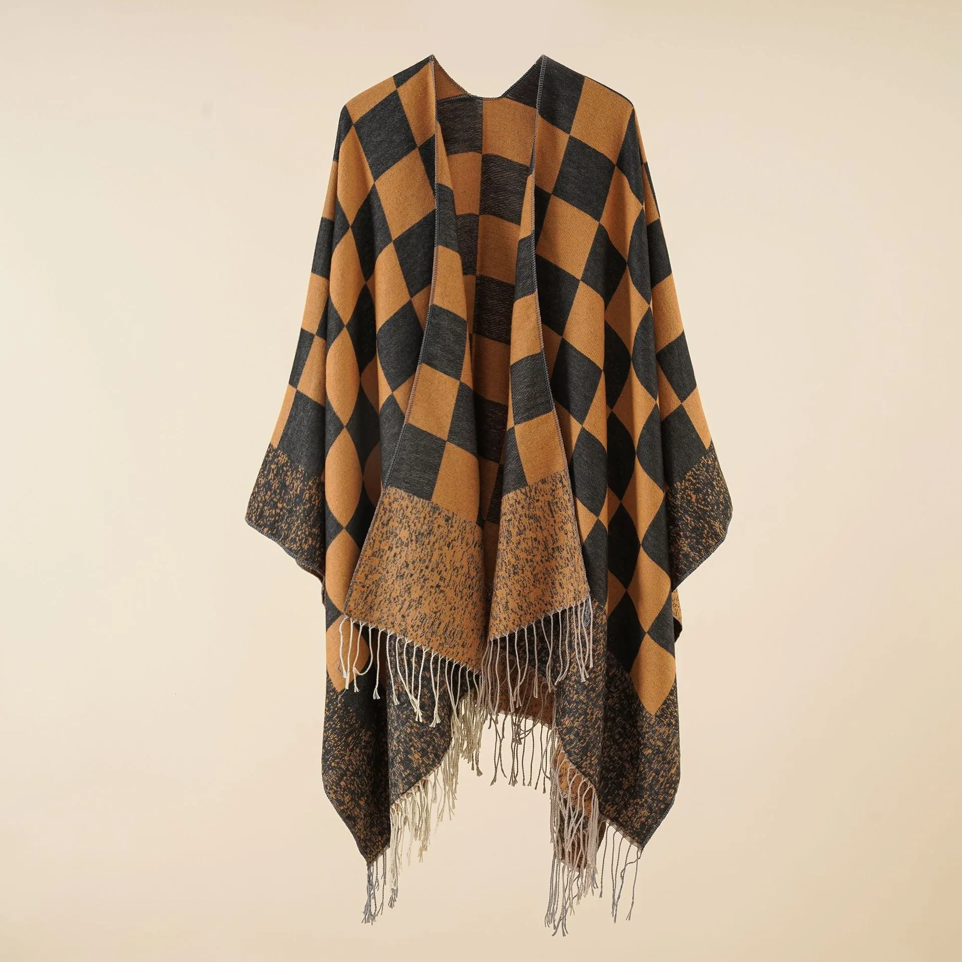 Plaid blanket warm fringed cardigan shawl for autumn and winter