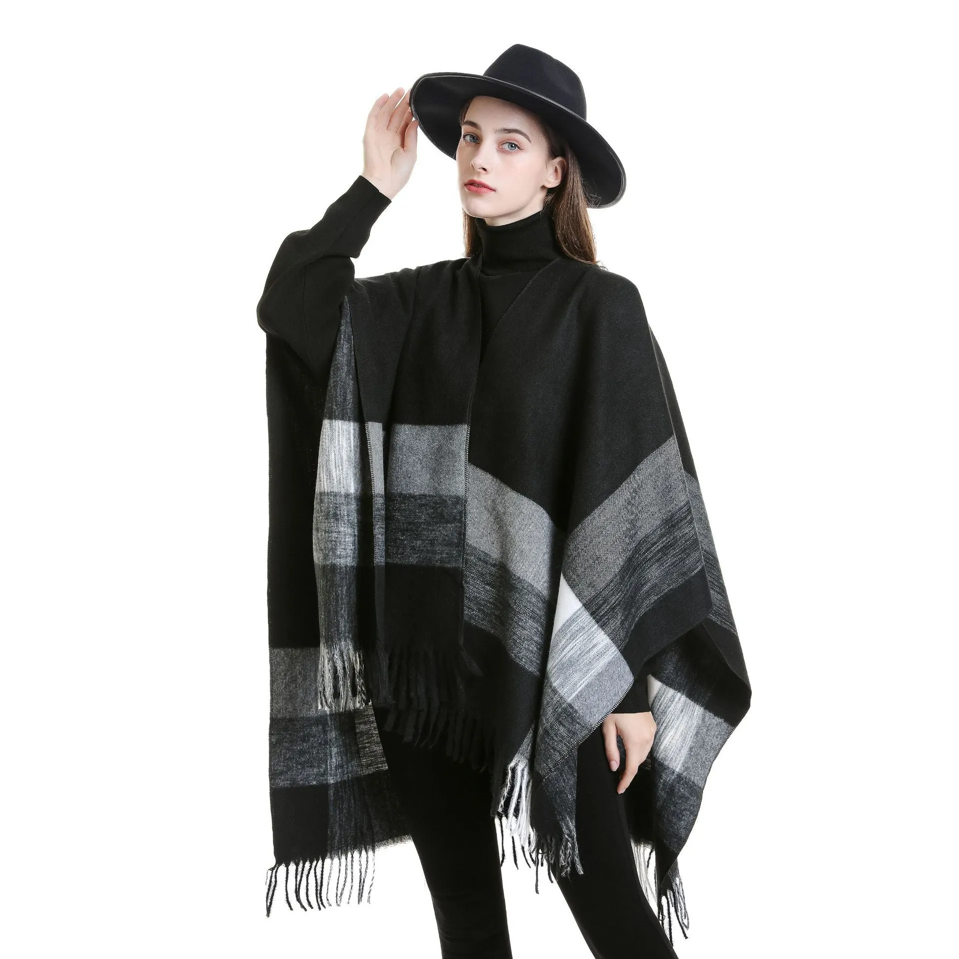 Plaid blanket warm fringed cardigan shawl for autumn and winter