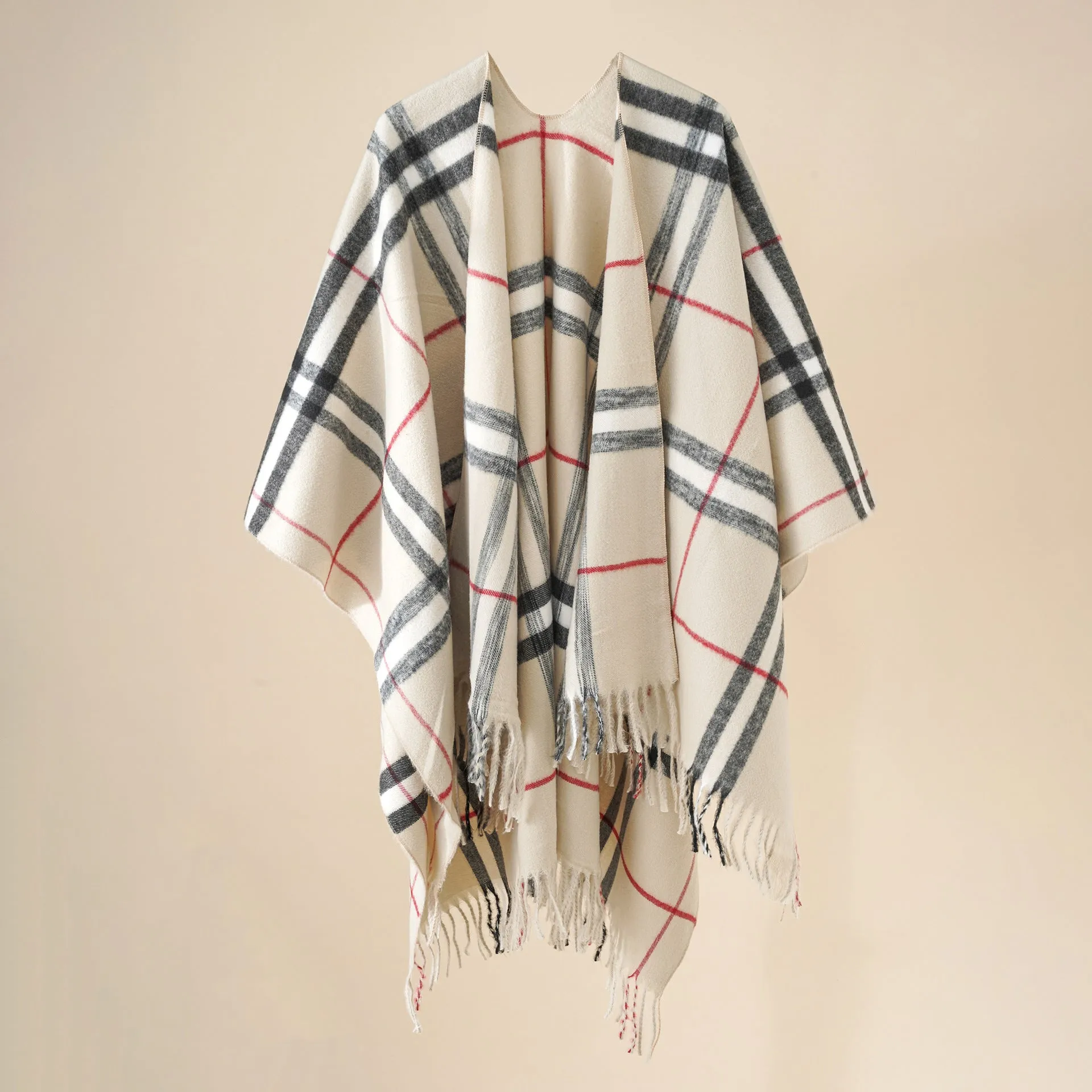 Plaid blanket warm fringed cardigan shawl for autumn and winter