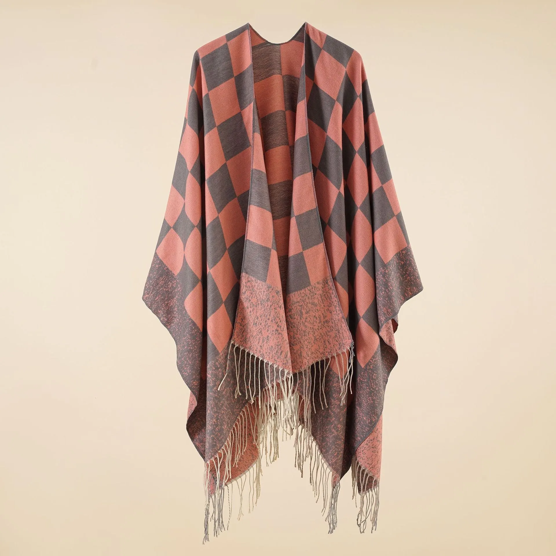 Plaid blanket warm fringed cardigan shawl for autumn and winter