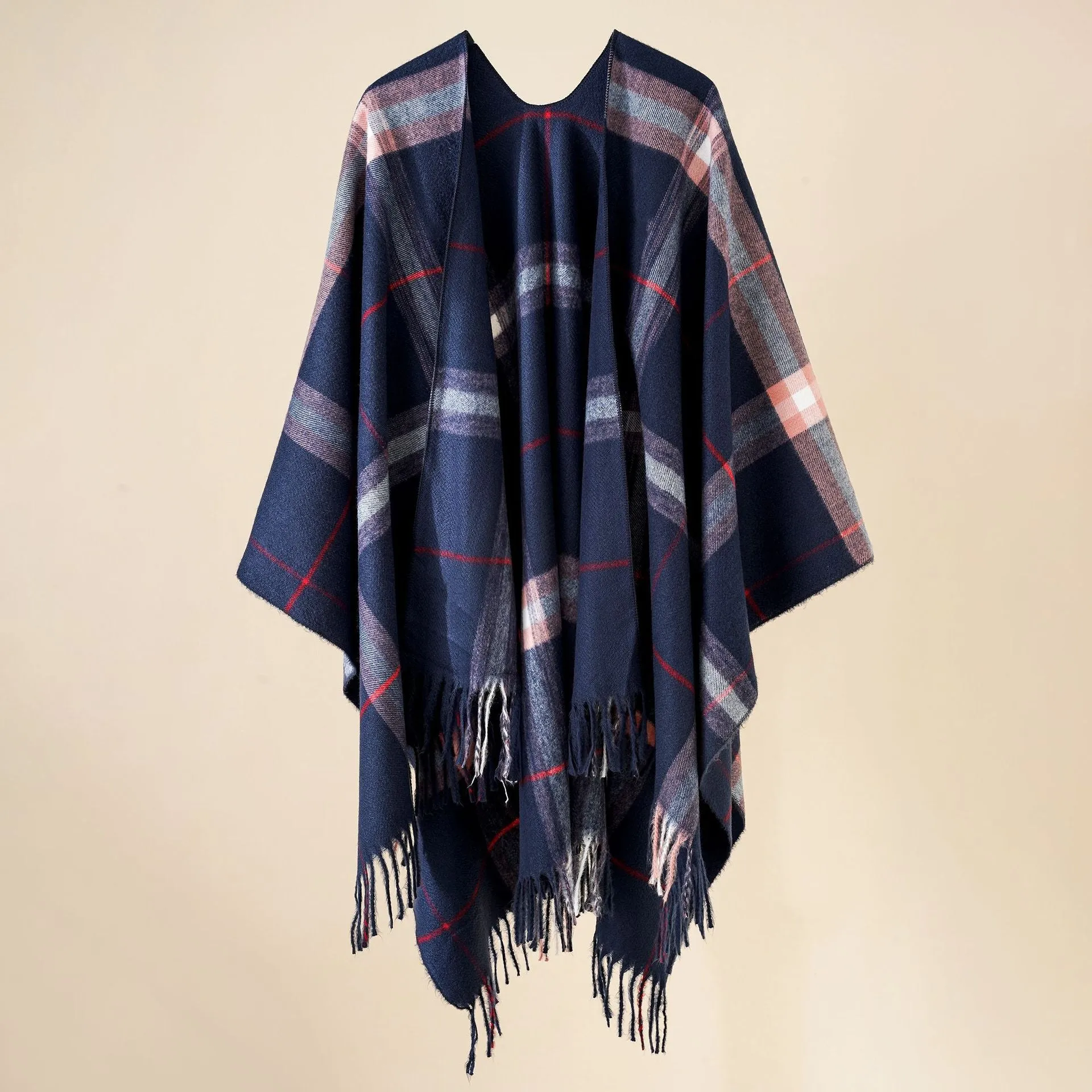 Plaid blanket warm fringed cardigan shawl for autumn and winter